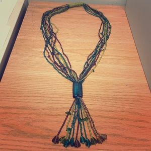 LONG BLUE/GREEN/BROWN BEADED TASSEL NECKLACE
